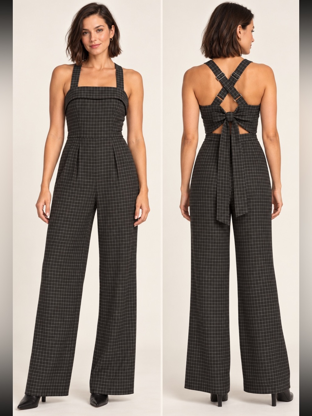 Wide Leg Jumpsuit Windowpane Plaid Cross Back Bow Adelyn Rae day to night M